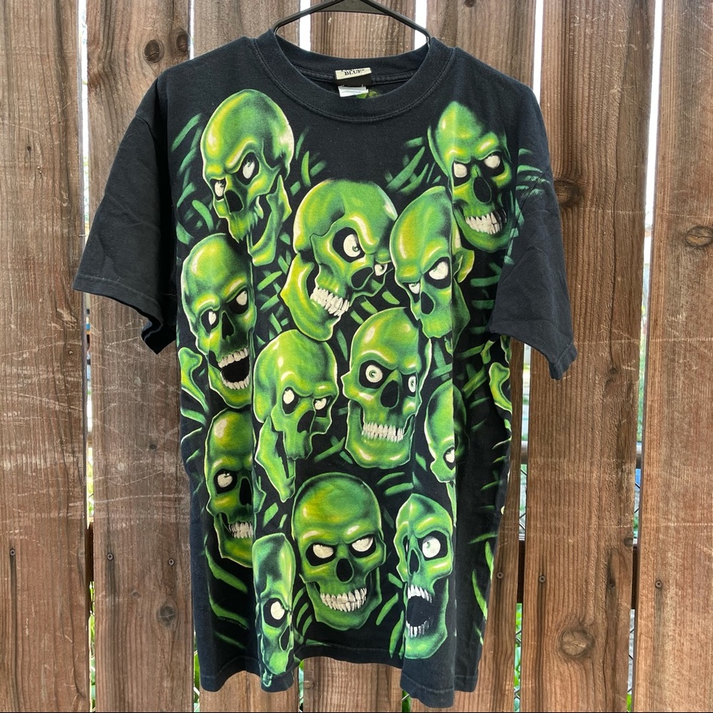 Liquid Blue Authentic Green Skull Print Black T Shirt Large Adult Vintage 2001 - Picture 16 of 16